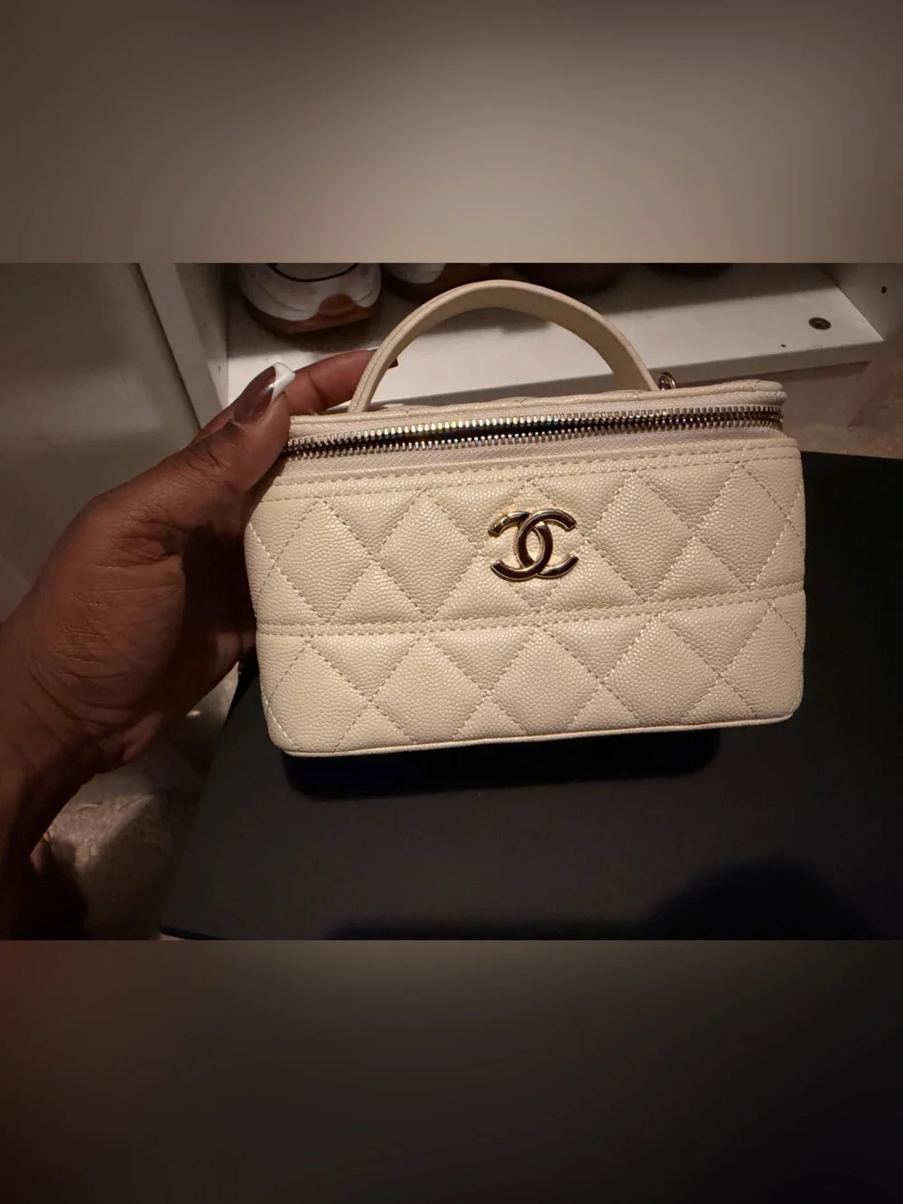 CC PREMIUM QUALITY Cream Quilted Vanity Bag with Gold Chain